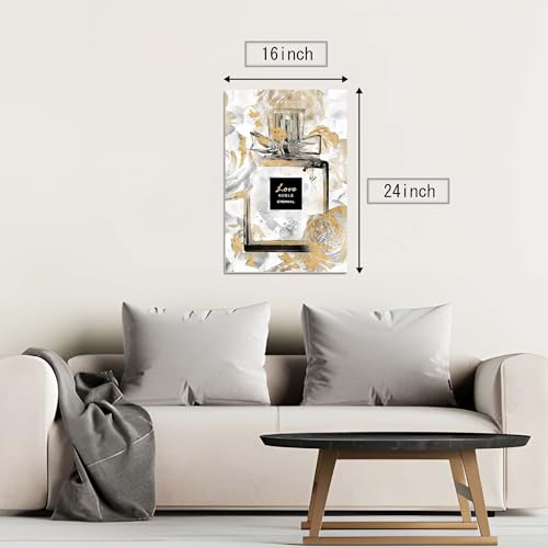 Image of HILL WEST Perfume Bottle Canvas Wall Art - Fashion Picture Elegant Gold Floral Painting Contemporary Prints Glam Modern Artwork for Girls Makeup Room Bedroom