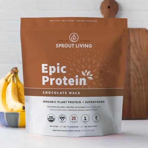 Image of Sprout Living Epic Protein, Plant Based Protein & Superfoods Powder, Chocolate Maca Powder | 20 Grams Organic Protein Powder, Vegan, Non Dairy, Non-GMO, Gluten Free, Low Sugar (5 Pound, 60 Servings)
