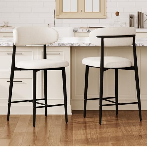 Butacos de Barra para Isla de Cocina, Set de 2 Unidades, Tapizados en Tela Beige con Patas de Metal Negro, Altura de Asiento 26.3 pulgadas, Espalda Curvada y Reposapiés, Capacidad Máxima 300 lb miniatura 1