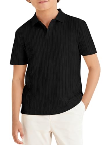 Haloumoning Boys Knit Short Sleeve Polo Shirt Kids Summer Casual Shirts School Uniform Golf Tops Tees 5-14Y Black