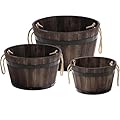 IDZO Set of 3 Wooden Flower Boxes Outdoor, Durable Acacia Wood Barrel Planters for Outdoor Plants with Ergonomic Handles, Drainage Holes, Multiple Sizes Wood Bucket Planter for Home Décor