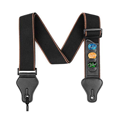 ギターストラップ ピックポケットがあり 柔らかい綿 アコスティックギター エレキギター ベース用肩掛けベルト 3種類のギターピック付き
