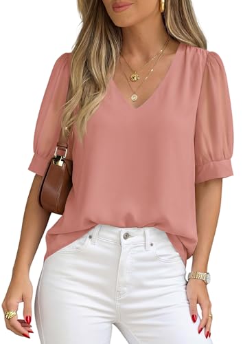 PRETTYGARDEN Womens Tops Dressy Casual Puff Sleeve Chiffon Blouses V Neck Business Work Shirts 2026 Summer Fashion Clothing (Pink,Large)