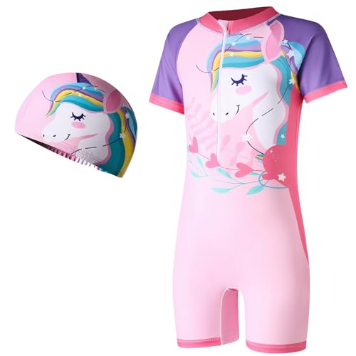 ADUDVLO Girls Swimming Costume with Front Zipper & Swim Cap – Cartoon One Piece Bathing Suit for Kids Ages 4–10, Quick Dry & Stretchy Swimwear (UK, Age, 9 Years, 10 Years, Regular, Pink)