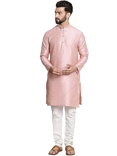 Sojanya (Since 1958 Men'S Silk Blend Pink Pintex Kurta And White Churidar Pyjama Set