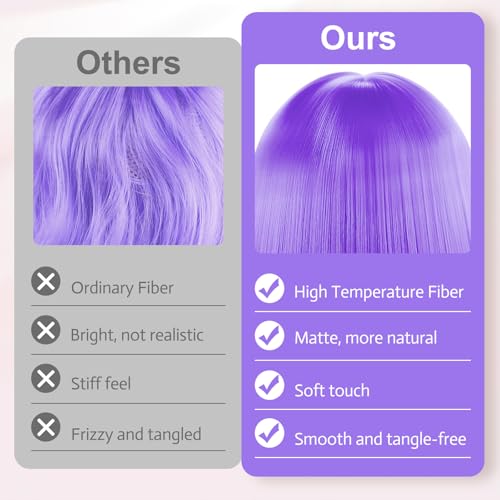 Image of MEEZY Light Purple Short Bob Wigs Straight Hair with Flat Bangs Heart Sunglasses for Women, Colorful Funny Cosplay Daily Party Neon Wig Synthetic Natural As Real Hair Carnival Halloween Costume