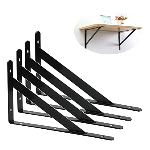 Soporte para estanterías, ángulo de pared, soporte para estanterías de pared de 90 grados, soporte de pared de acero macizo, soporte para estantes para montaje en pared (negro, 300x190 mm) 4 unidades