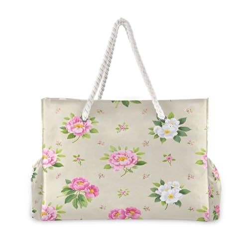 Beach Bag - Large Tote Bags for Women Peony Flower Pattern Shoulder Bags Zipper Waterproof Sandproof for Travel Gym Swim Daily2