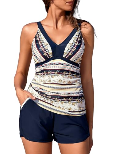 Summer Mae Color Block Tankini Swimsuits for Women 2025 with Side Pockets Sporty Swim Shorts Two Piece Bathing Suits