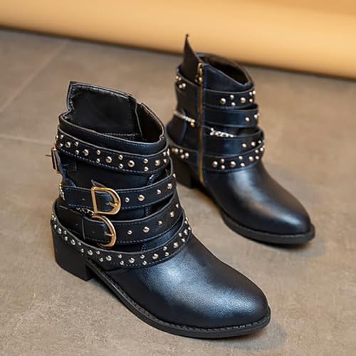 Image of DirraBra Women's Goth Leather Block Heel Ankle Boots Fashion Studded Ankle Strap Trim Punk Boots Winter Side Zipper Motorcycle Short Booties