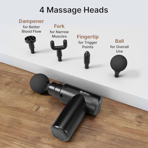 Image of pTron Revivo Z1 Deep Tissue Massage Gun for Muscles Pain Relief, 6-speed Intensity, 3000mAh Battery, 4 Massage Heads, Lightweight & Portable Full Body Gun Massager, Type C Charging (Black)
