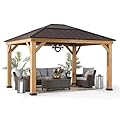 Sunjoy Hardtop Gazebo 11 x 13 ft. Standard Cedar Framed Wood Gazebos with Brown Steel and Polycarbonate Hip Roof for Garden, Backyard Shade, Brown Roof + Natural Wood Frame