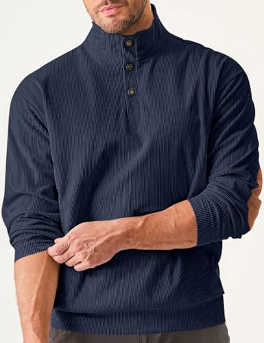 COZYPOIN Men's Corduroy Sweatshirts Casual Stand Collar Button Long Sleeve Henley Pullover Sweater with Elbow Patches2