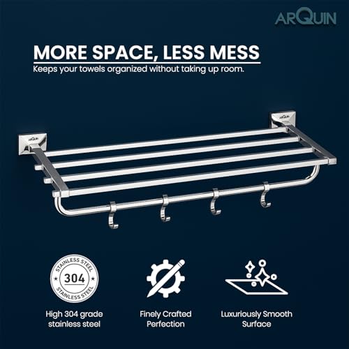 Image of ARQUIN 304 Stainless Steel Towel Rack Towel Holder in Bathroom | Towel Holder | Bathroom Towel Hanger for Wall | Towel Rack | Bathroom Accessories Set 24 Inch Chrome Finish (Vento)