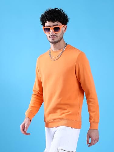 Image of The Indian Garage Co Orange Regular Fit Solid Overhead Crewneck Sweatshirt