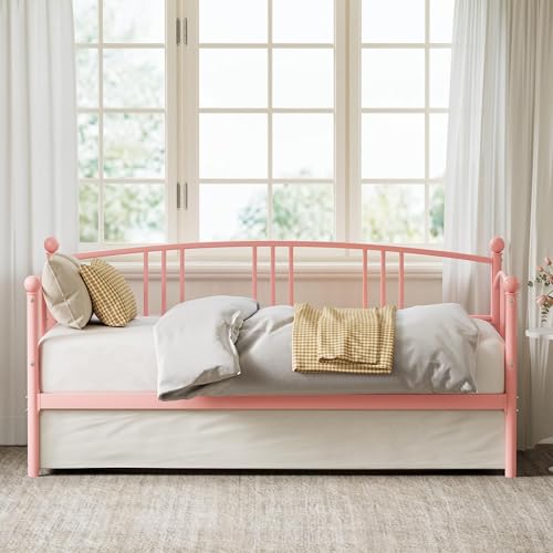 Image of Garvee Twin Daybed, Sturdy Metal Daybed with Arched Headboard and Steel Slat Support, Sofa Bed for Living Room Bedroom and Guest Room, Pink