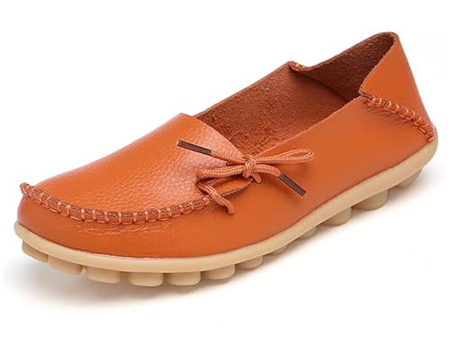 Solaud Mujer Cómodos Cuero Genuino Mocasines Transpirables Ligeros Conducción Antideslizante Zapatos Planos sin Cordones Laterales Casuales para Caminar Naranja 35