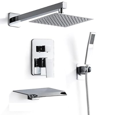 RTOBWEYE 8 Inch Shower Faucet Set, Rainfall Shower System with High Pressure Handheld Shower Head, Bathroom Mixer Shower Set Wall Mounted Shower Faucet Rough-in Valve and Trim Kit, with Tub Spout