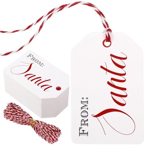 Gueevin 100 Pieces from Santa Gift Tags Christmas Paper Gift Tags with Red and White Twine Kraft Paper Hanging Name Labels Bulk with String Holiday Labels for Xmas Presents Wrapping DIY Crafts