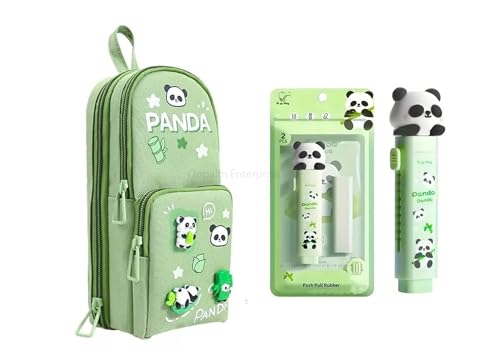 Image of Kawaii Cute Stationery Set for Kids & Students: Green Pencil Case Pouch & Retractable Push-Pull Eraser Combo | Return Gift for Girls & Boys (Green)