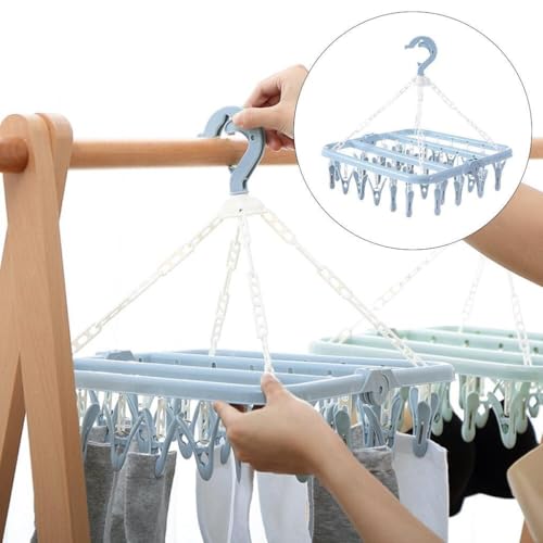 Retoo Faltbarer Wäscheständer with 32 Clips Drehhaken Winddicht Kleiderbügel Sockenhalter Wäscheständer Unterwäsche Unterwäsche-Kleiderbügel Platzsparend Hängetrockner Grau Hell