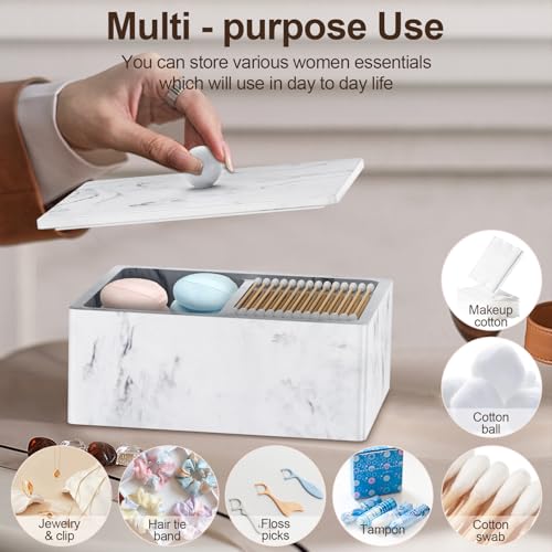 PENGARO Cotton Swab Holder, 16 OZ Qtip Holder Dispenser with Lid, 2 Compartments Cotton Ball Holder, Period Box Bathroom Organizers Storage Bin Floss Dispenser Vanity Cosmetics Tampons Holder, White by PENGARO - Image 3