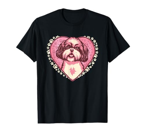 Vintage Shih Tzu Dog Gift Lovely Puppy Doggy In Heart Paws T-Shirt