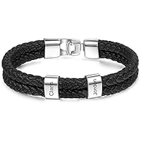 lorajewel Pulsera personalizada para hombre con nombre Pulsera de cuero Cuentas de acero inoxidable Papá Hijo Joyas de Navidad para el Día del Padre