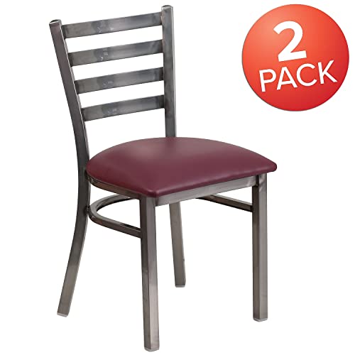 Image of Flash Furniture 2 Pk. HERCULES Series Clear Coated Ladder Back Metal Restaurant Chair - Burgundy Vinyl Seat