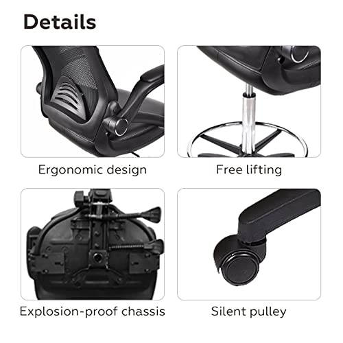 Elecwish Ergonomic Drafting Chair - Adjustable Height Tall Office Chair For Standing Desks With Flip-Up Arms Foot Rest Mesh Back Soft Pu Leather Seat, Reception Desk Chair In (Black) #TOP6