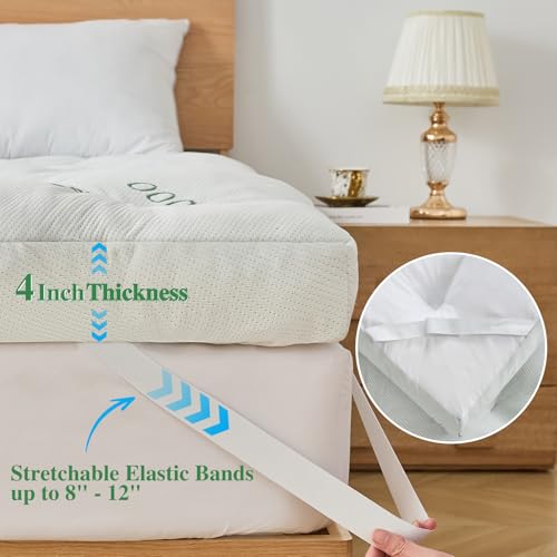 Image of WhatsBedding 4 Inch Memory Foam Mattress Topper Full for Back Pain Relief, Filled with Breathable Gel Memory Foam, Cooling Bamboo Viscose Air Layer, Supportive Pillow Top Mattress Topper
