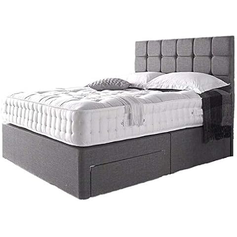 6FT Super King Size Linen Look Grey Divan Bed with Mattress 10", Matching Colour cube Headboard 20" and 2 Free Storage Drawers (King Size(W=180 L=200 cm) - 2 Drawers) (6FT Super King Size) Cover