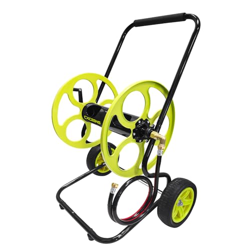 CXCESNS ホース巻き取り機 ホースリールトロリー 大型ホース収納ラック 25cmゴム車輪付き 鋳鉄ホース巻取機 防錆コーティング 庭の水やりや車の掃除に最適 直径15mmホース120m巻き用 (組立式、150cmホース付属)