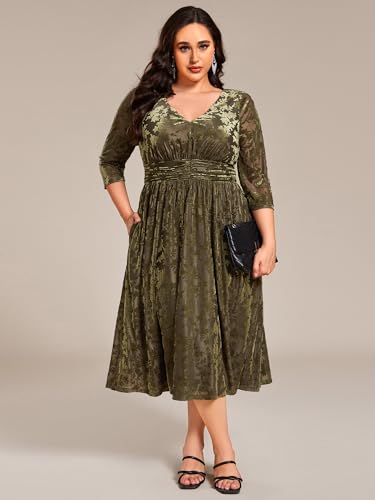 Ever-Pretty Women's 3/4 Sleeves Mid Jacquard Elastic Plus Size Velvet Casual Wedding Guest Dresses with Pockets 02284-DAPH4