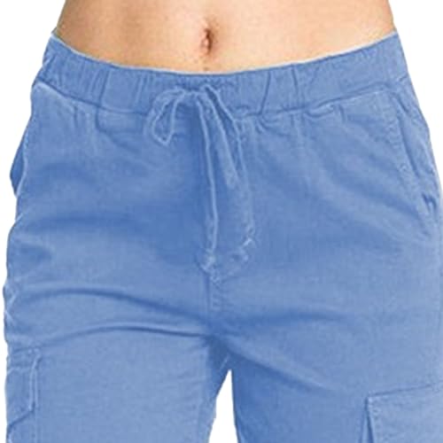 Women's Cargo Elastic Waist String Side Pocket Pants Casual Drawstring Tie Loose Jogger Solid Tapered Trousers3