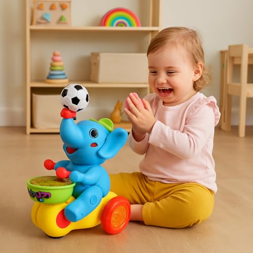 Image of Musical Elephant Toy with Levitating Ball | Light & Sound Bump & Go Drummer for Toddlers | 360 Rotating, Universal Walking, Learning Toys for Boys & Girls Age 3+