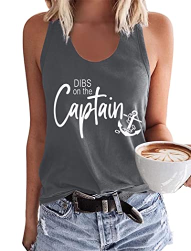 Dibs On The Captain Anchor Tank Shirt Women O Neck Loose Boat Anchor Graphic Tank Tee Beach Sleeveless Racerback Vest(Large Light Grey)