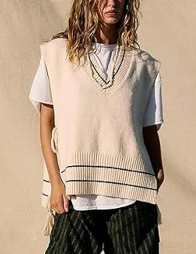 Bozanly Sweater Vest for Women Casual Loose V Neck Sleeveless Side Tie Ribbed Knit Tank Top2