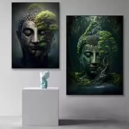 Pósteres e impresiones de Buda en la naturaleza para decoración de sala de estar, imágenes de estatuas budistas y paisajes, pintura en lienzo, arte de pared, 50 x 70 cm (20 x 28 pulgadas) x 2 marcos