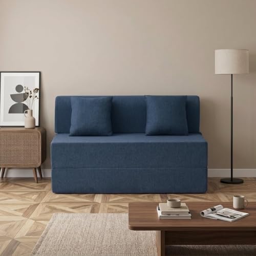 Image of Foldable Two Seater Sofa Bed 4 X 6 Ft Jute Fabric Washable Cover Sofa Cum Bed with Cushions Convertible Sofa Bed for Home, Office (Blue Color - Pre-Assembled)