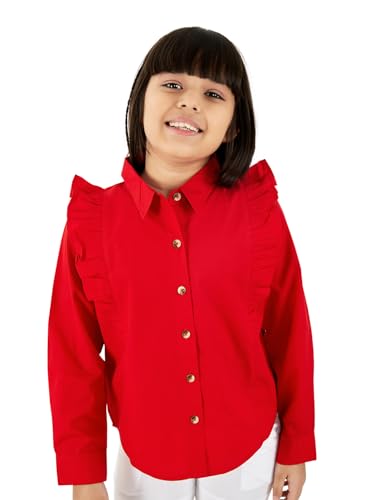 Image of olele Girls Full Sleeve Ruffles Cotton Linen Shirt - White for 4 to 14 Years | Kids Girl White Shirt | White Ruffle Shirt for Girls | Shirt Jeans