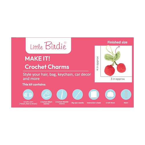 Image of Itsy Bitsy DIY Crochet Cherry Charms Kit Makes 4 | Beginner Friendly Crochet Craft Kit | Make Cute Cherry Keychain Bag Charms Zipper Pulls | Complete DIY Hobby Gift Box