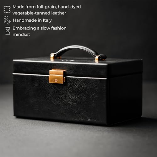 Image of Time Resistance Jewelry Box - Full Grain Leather Jewellery Organizer - Accessories Storage Key Lock - Jewellery Box (Black)
