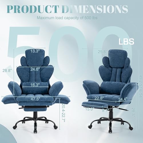 Image of Flip Armrests Criss Cross Office Chair, Reclining Office Chair with Foot Rest, Adjustable Headrest, Massage Waist Pillow, Cross Legged Big and Tall Desk Chair Wide Seat Vanity Chair, Blue Fabric