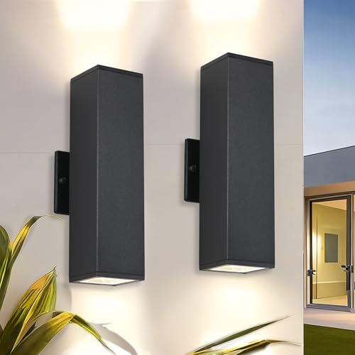 ZSMAIKU Outdoor Light Fixture,Black Outdoor Porch Light,14 in Up and Down Modern Exterior Wall Light for for Front Door,Patio,Garage Include 4 * 7W Warm White Led Bulbs,Waterproof,Aluminum,2Packs