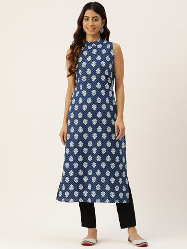 Image of feranoid Unique Printed Choker Neck Back Button Sleeveless Long Kurti