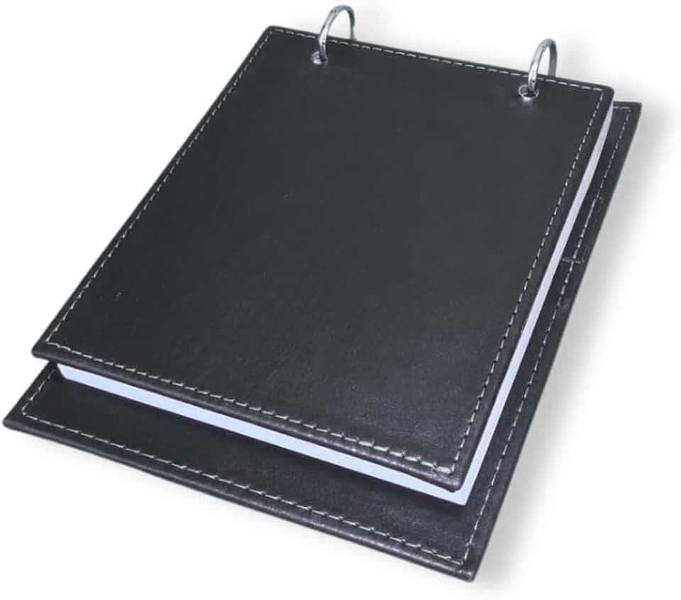 Bloco de Anotações Executivo com Capa de Couro Sintético Costurado, 150 Folhas Destacáveis, Argolas de Metal, Porta Caneta, 15x20 cm, Preto