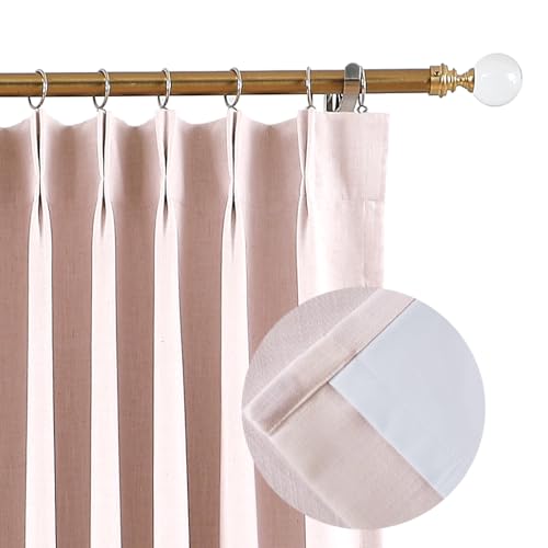 90 Inches Soft Pink Pinch Pleated Full Blackout Curtains Linen Blended Room Darkening Window Curtains for Living Room Bedroom Thermal Insulated Pinch Pleat Drapes Back Tab with Hooks 40" W x 90" Lx2