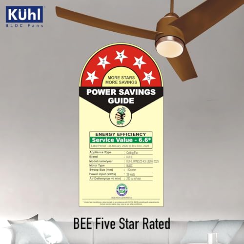 Image of KUHL Windzz K3 1320 mm 65% Power Saving BLDC Ceiling Fan | BEE 5 Star Rated & ISI Marked | High Air Flow | 5 Year Warranty on Motor | IoT - Operate via Mobile & Alexa | Brown | Free Installation