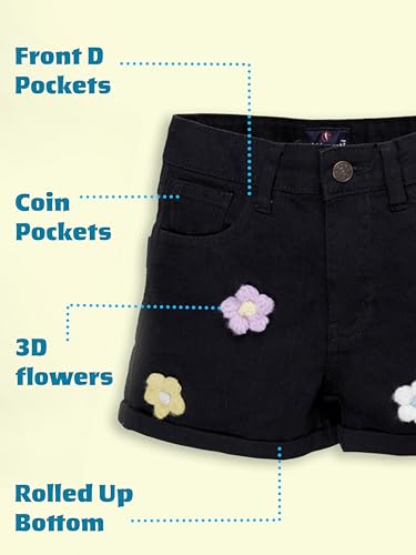 Image of KiddoPanti Girls Tight Length Rollup Denim Shorts with Lavender and Pink 3D Crochet Flowers